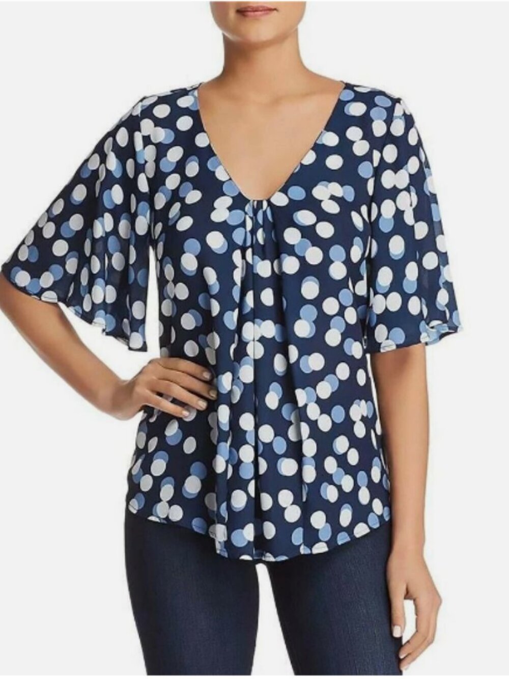 Collection By Bobeau Bell Sleeves Blouse, NAVY BLUE POLKA DOT, MED